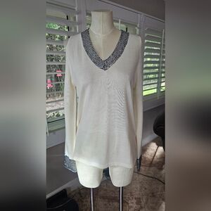 New York & Company Cream Sweater with Silver Sequins S